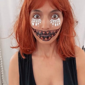 Ragged Doll Big Mouth Monster Temporary Tattoo for Halloween. Joker Mouth with Big Teeth and Arlequin Face Sticker. 2 Copies