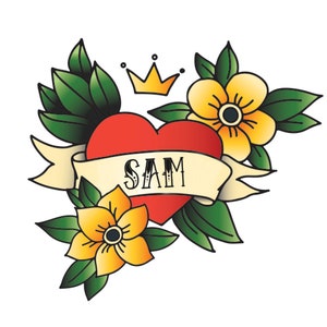 Custom Heart Temporary Tattoos for Mother&#39;s Day. Customize the Name. Colorful Tattoo with Flowers and Crown. 2 copies