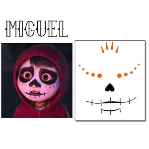 Könnte beinhalten: Ein Charakter aus dem Film "Coco" mit dem Namen "MIGUEL" darüber geschrieben. Der Charakter trägt eine rote Kapuzenjacke und hat ein Zucker Schädel-Gesichtsbemalung. Das Bild zeigt auch eine Nahaufnahme des Zucker Schädel-Gesichtsbemalung.