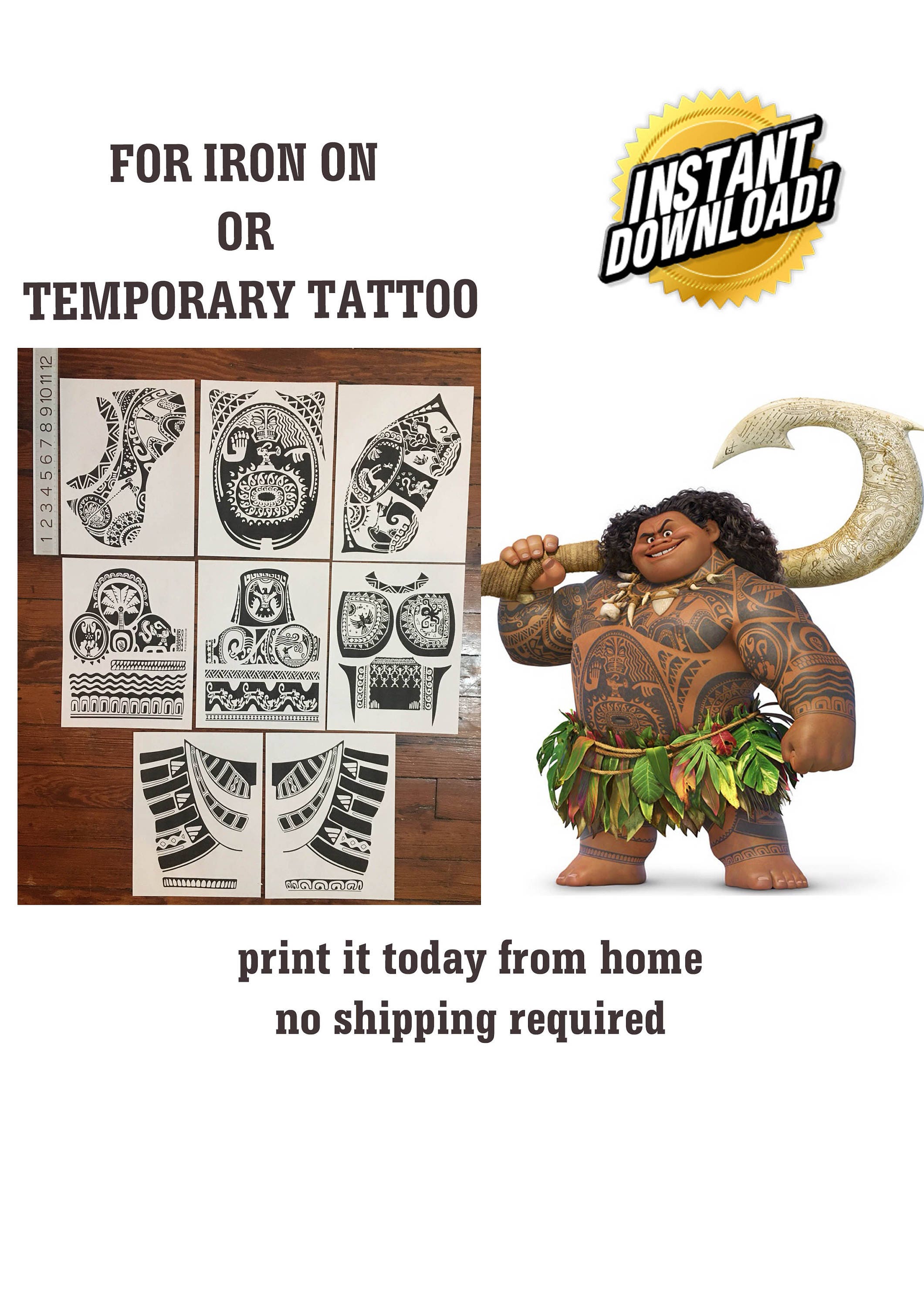 Talla pequeña. Disfraz de Maui de descarga instantánea para planchar o para tatuaje temporal. Imprímelo tú mismo desde casa. No requiere envío.