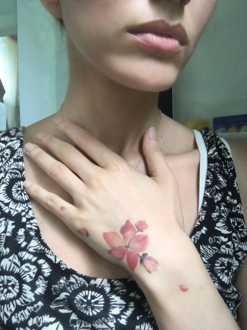 Flower temporary tattoo. Pink delicate blossom flower tattoo. Etsy