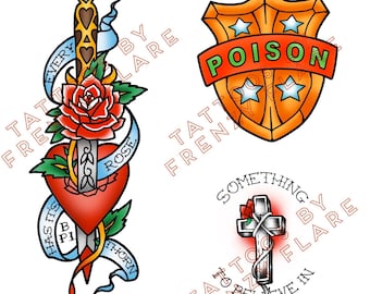 Custom Bret Michaels Temporary Tattoos for Fan Cosplayers. Poison, Every Rose has a Thorn and Something to Believe In Designs. Halloween