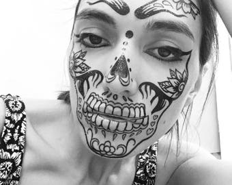 Day of the dead face temporary tattoos for cosplay halloween. Skull dia de los muertos. Coco inspired