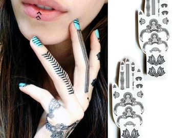 Black henna temporary tattoo. 2 Sheets Tribal Jewels. Ethnic bracelets, finger tattoos, cuticle and nail decals. Stocking Stuffer Gift