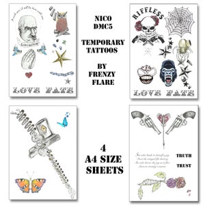 Könnte beinhalten: Vier A4-Blätter mit temporären Tattoos. Die Designs umfassen einen Totenkopf, eine Eule, betende Hände, Schmetterlinge, Pistolen und den Text "LOVE FATE", "TRUTH" und "TRUST". Die Tattoos sind von Frenzy Flare.