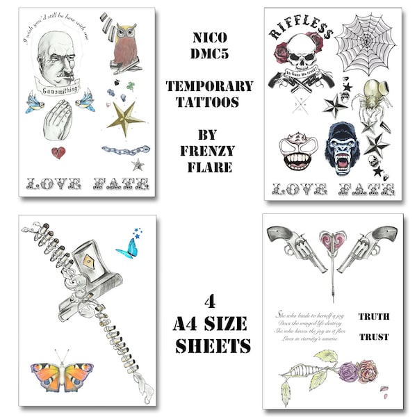 Nico Devil May Cry 5 Temporary Tattoos for Cosplayers. 4 sheets with All Her Designs