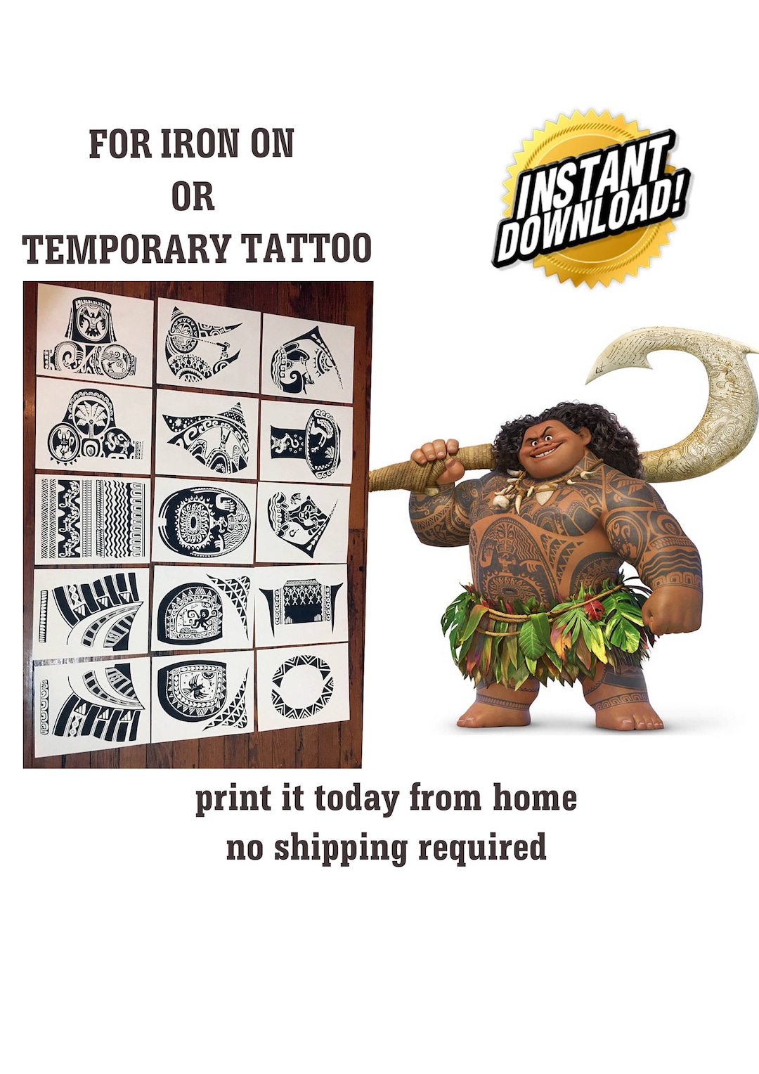 Size XL. Maui Costume Instant Download for Iron on or Temporary Tattoo ...