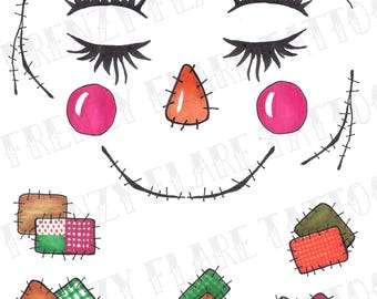 Scarecrow face temporary tattoo costume. Tattoo elements for face and body