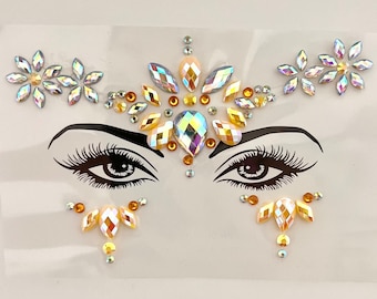 Yellow Mermaid Face Jewels for Halloween Costume, Carnival or Festivals.  Princess, Cleopatra, Fairy Costume Accessory. Floral Bindi