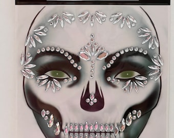 Tatouages temporaires de visage de costume extraterrestre. Autocollant en cristal du jour des morts, costume d'Halloween effrayant à la mode. Dia de los Muertos