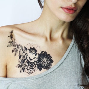 Floral temporary tattoo. Roses and Peonies Tattoo