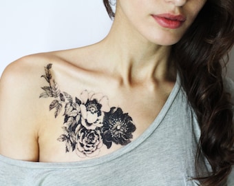 Floral temporary tattoo. Roses and Peonies Tattoo