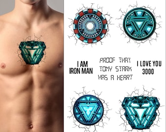 Iron Man Temporary Tattoos for Cosplayers, 4 Different Hearts and 3 Quotes for the Avengers Fan