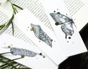 Single or Set bookmarks with Gold Foil– Life Cycle Butterfly Papilio Machaon, caterpillar, pupae, swallowtail butterfly