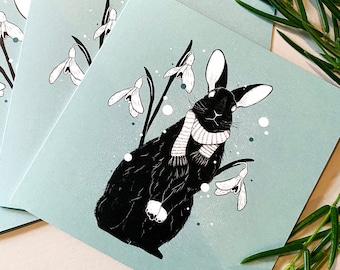 Christmas Card | Set of 5 cards and envelopes | Winter Rabbit and Snowdrops  | Botanical Holiday Card