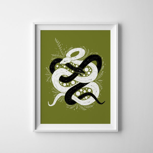 Serpent botanique Artprint | A5 art mural, encre noire, art mural intérieur, impression nature, imprimé serpent