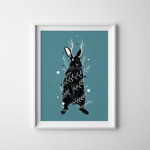 Jackalope Art Print | A5 wall art, black ink, interior wall art, nature print, rabbit print, folklore