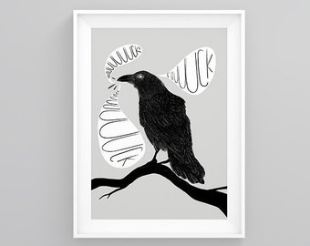 Crow Artprint | A5 wall art, black ink, interior wall art, nature print, crow print