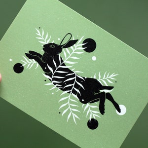 Stampa botanica di lepre A6 da parete, arte da parete interna, stampa naturale, cartolina di coniglio