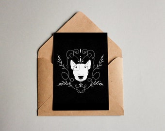 Bull Terrier print A6 wall art, interior wall art, botanical nature print, Dog postcard