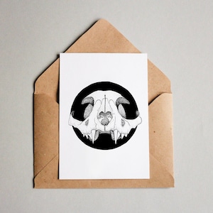 Catskull stampa arte da parete A6, bianco e nero, dotwork, arte da parete interna, stampa naturale