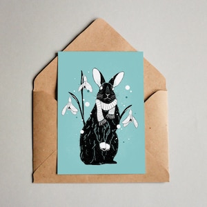 Winter Rabbit Print A6 art mural, art mural intérieur, imprimé nature botanique, carte postale