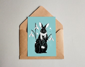 Winter Rabbit Print A6 wall art, interior wall art, botanical nature print, postcard