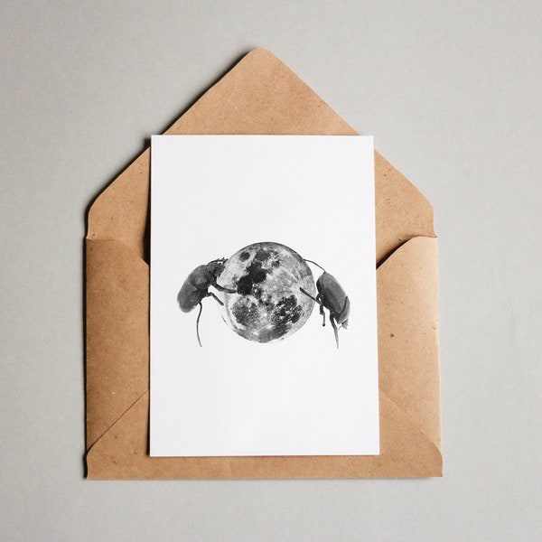 Dung Beetle, print A6 wall art, black and white, dotwork, interior wall art, nature print, moon beetle