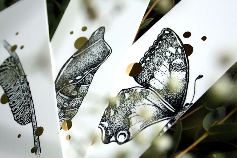 Single or Set bookmarks with Gold Foil Life Cycle Butterfly Papilio Machaon, caterpillar, pupae, swallowtail butterfly afbeelding 5