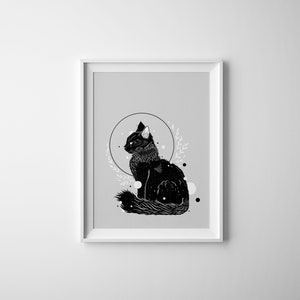 | d’art pour chats botaniques Art mural A5, encre noire, art mural intérieur, impression nature, impression chat noir