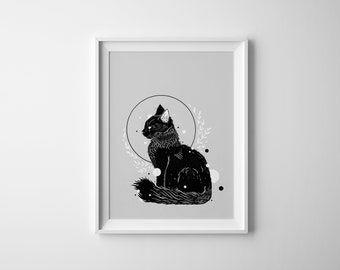 Botanical Cat Artprint | A5 wall art, black ink, interior wall art, nature print, black cat print