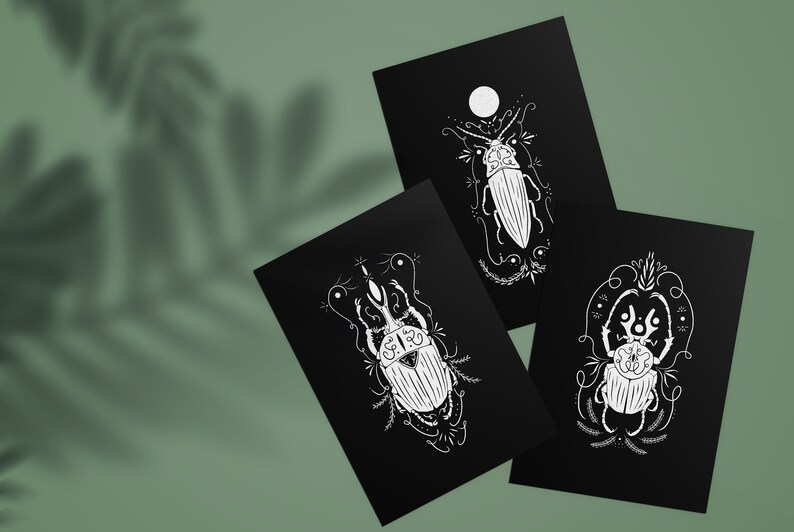 nature print insect print Beetle Artprint black ink A5 wall art Set of three interior wall art