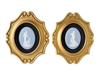 Pair of Limoges Blue Jasperware Cameo Plaques French Antique Gold Frames
