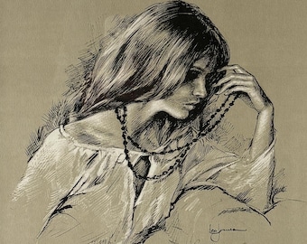 Vintage Framed Leo Jansen Woman Portrait Print, 1970s Boho Art