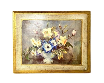 Vintage Florentine Italian Gold Gilt Wood Flower Print Wall Art Plaque 10x12