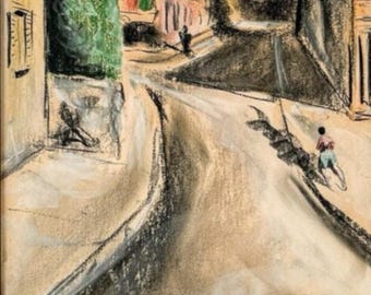Vintage Large Original Mid-Century French Pastel Drawing Paris Street Art 16x39