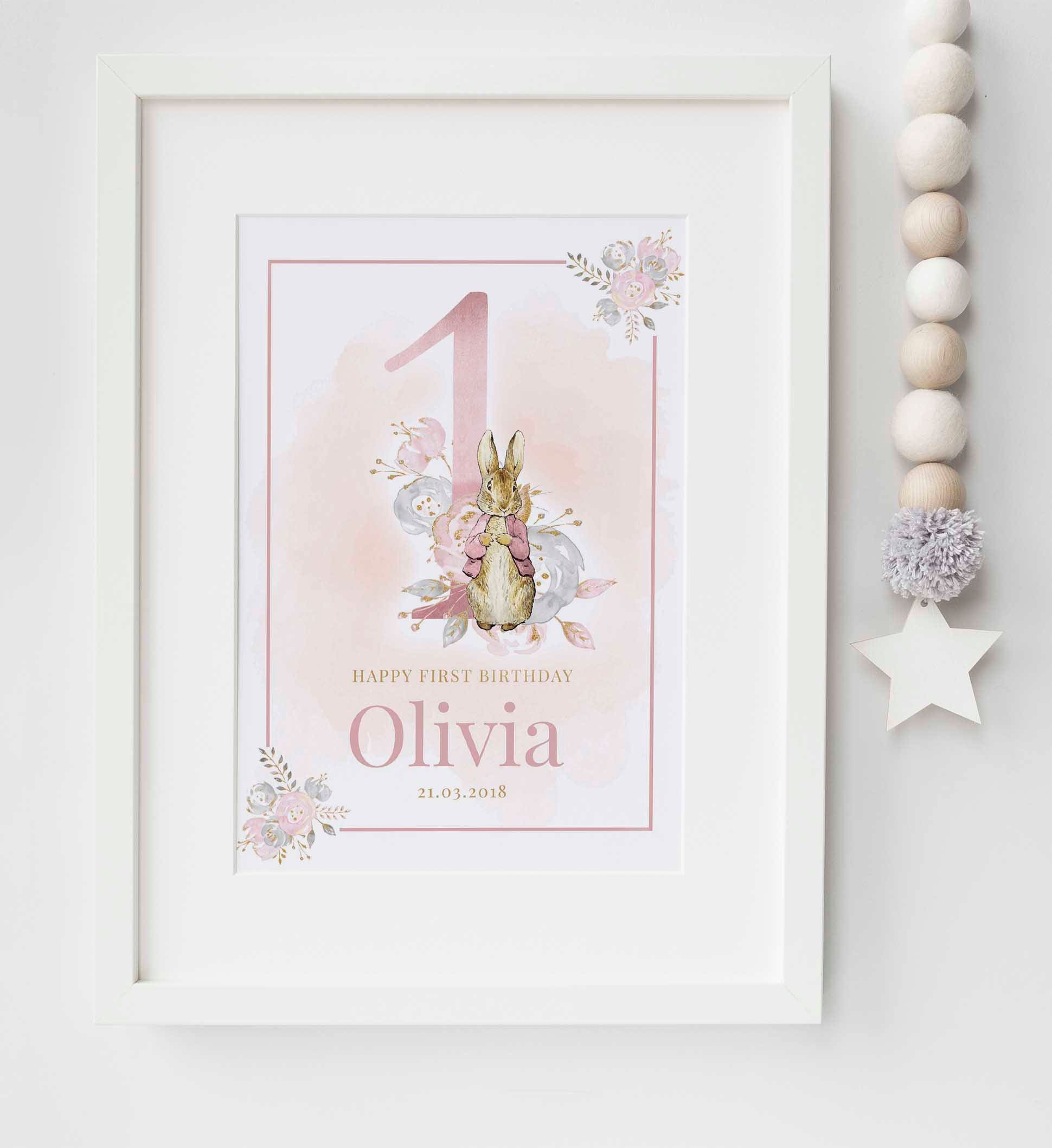 Personalised 1st Birthday Peter Rabbit Nursery Name Print Keepsake