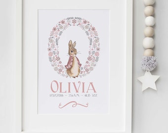 Personalised New Baby Boy/Girl Peter Rabbit Nursery Birth Name Print Keepsake Picture Christening Gift UNFRAMED