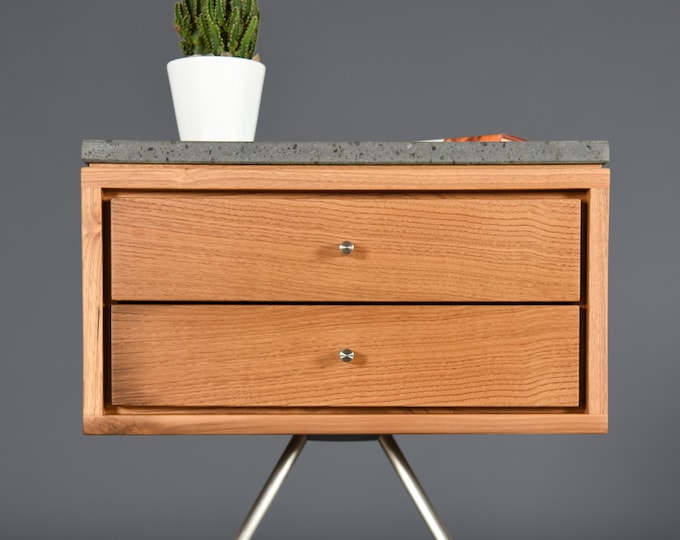 Mid Century modern Nightstand with two drawer in old chestnut  with stone top of the ETNA volcano