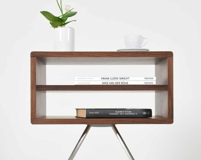 Mid Century modern bedside table with two shelves in solid Walnut wood