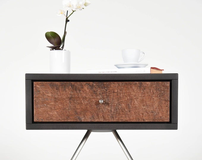 Stone gray bedside table with 1 drawer in antique barrel wood