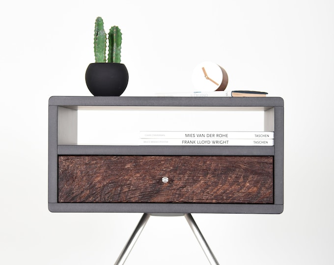 modern Nightstand mid century with Drawer gray end solid old wood