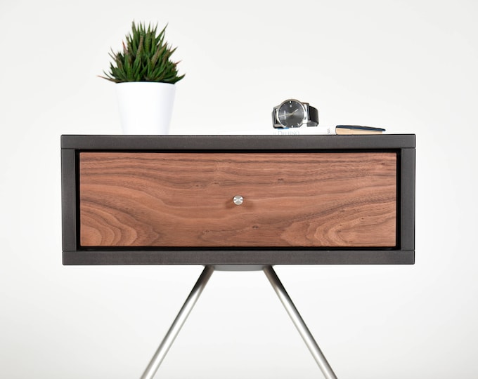 nightstand mid century with 1 drawer in solid walnut stone gray
