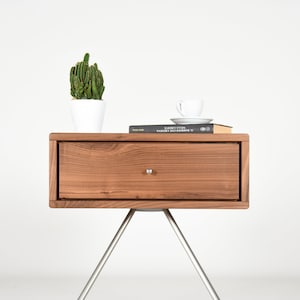 Mid Century bedside table in solid Walnut wood  end 1 drawer handmade