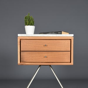 Mid Century Nightstand with two Drawer in old wood and Carrara marble top / Handmade bedroom furniture image 1