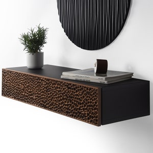 walnut and black floating console with 1 carved drawer, corridor shelf, modern entryways