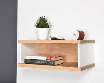 Mesita de noche suspendida estilo Mid-Century en roble y corian blanco/Estante de almacenamiento para pasillo