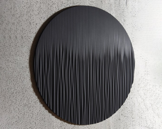 large round geometric black wall art, minimalist style hand engraved decoration