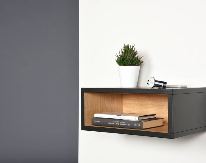Open floating bedside table in black and oak