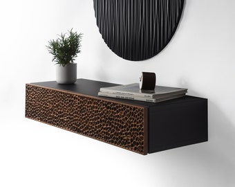 walnut and black floating console with 1 carved drawer, corridor shelf, modern entryways